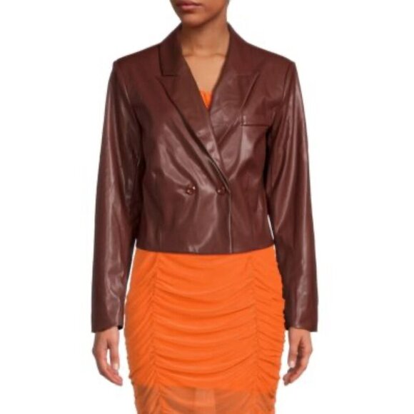 NWT Area Stars Brown Faux‎ Leather Double-Breasted Cropped Blazer Jacket - Picture 2 of 12